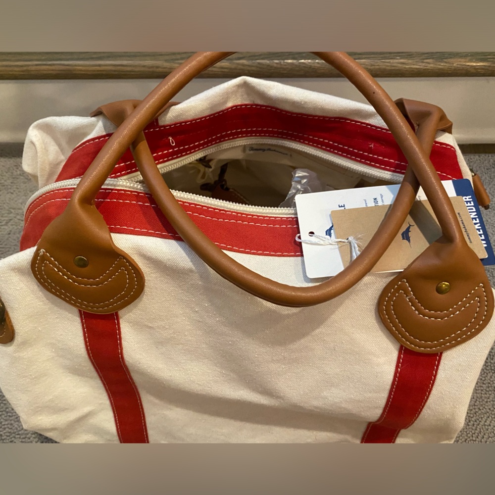Tommy Bahama Cream Canvas red trum weekender travel bag brand NEW